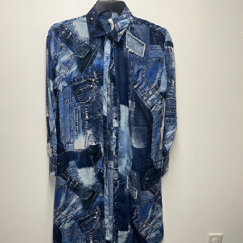 Blue Denim Print Long Sleeve Shirt Dress